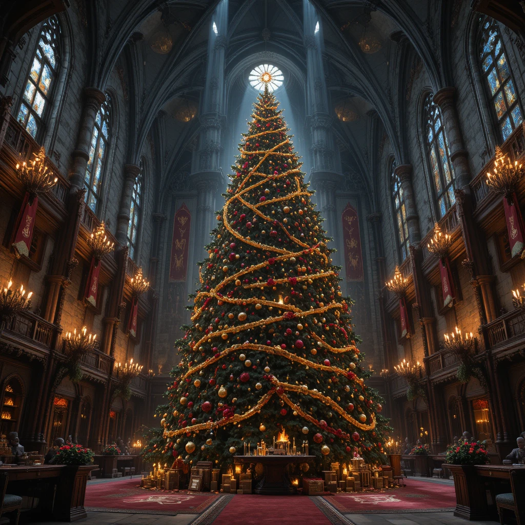 Prächtiger Weihnachtsbaum in der Halle einer mittelalterlichen Burg