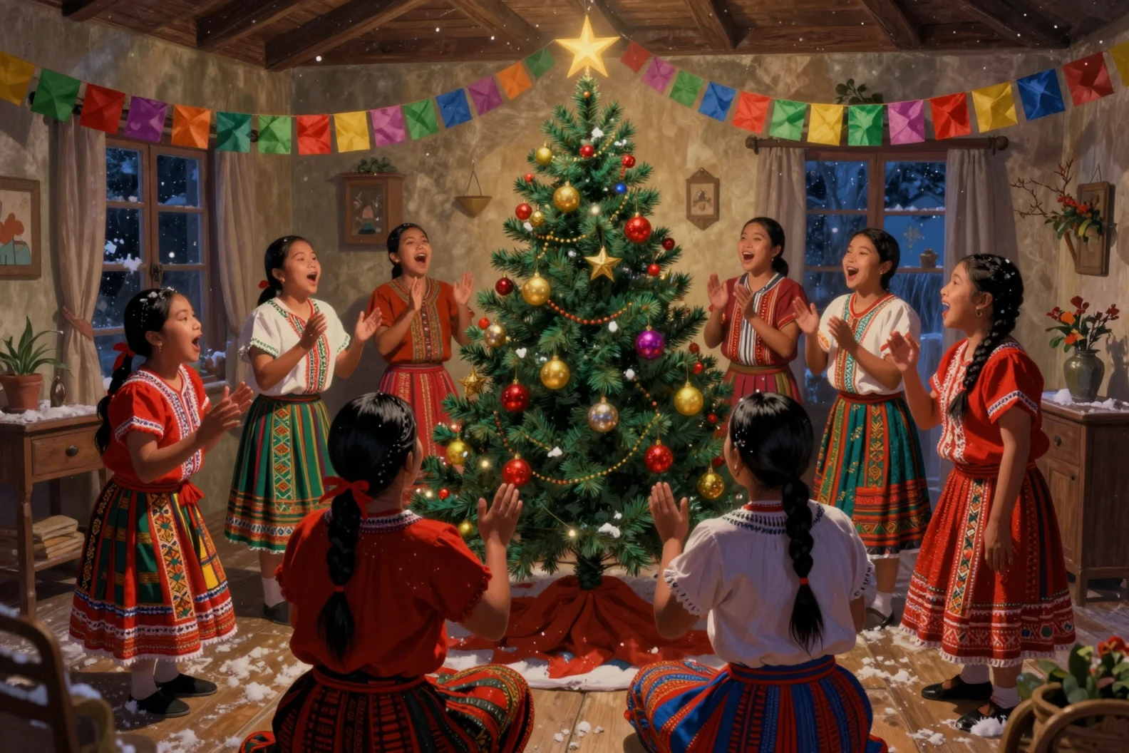 Filipino carolers singing by a festive Christmas tree