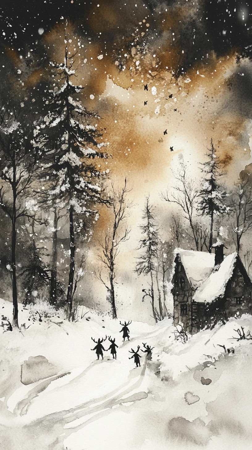 Elves Playing In A Magical Winter Blizzard Landscape