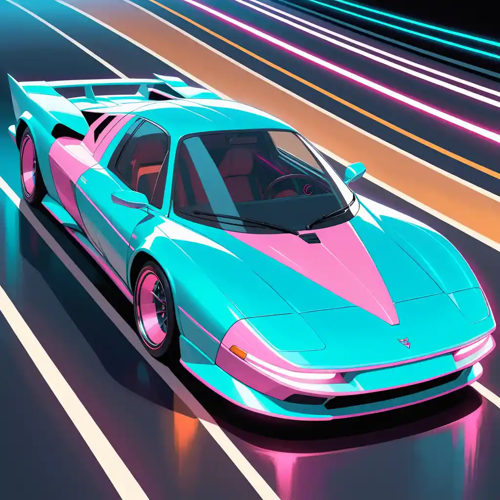 Retro futuristic supercar racing down a glowing night highway
