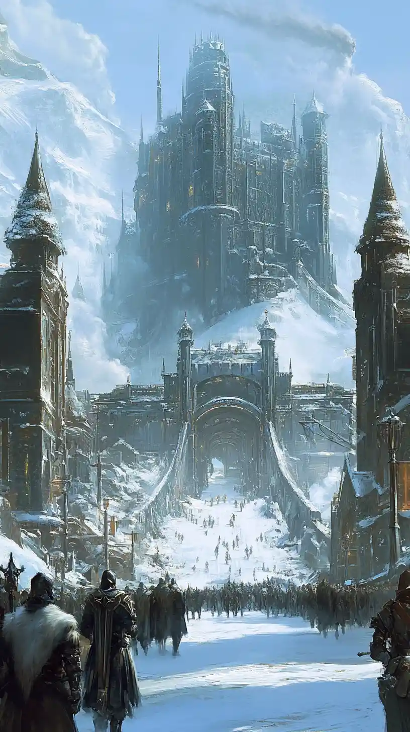 Medieval steampunk fortress with knights in a snowy march