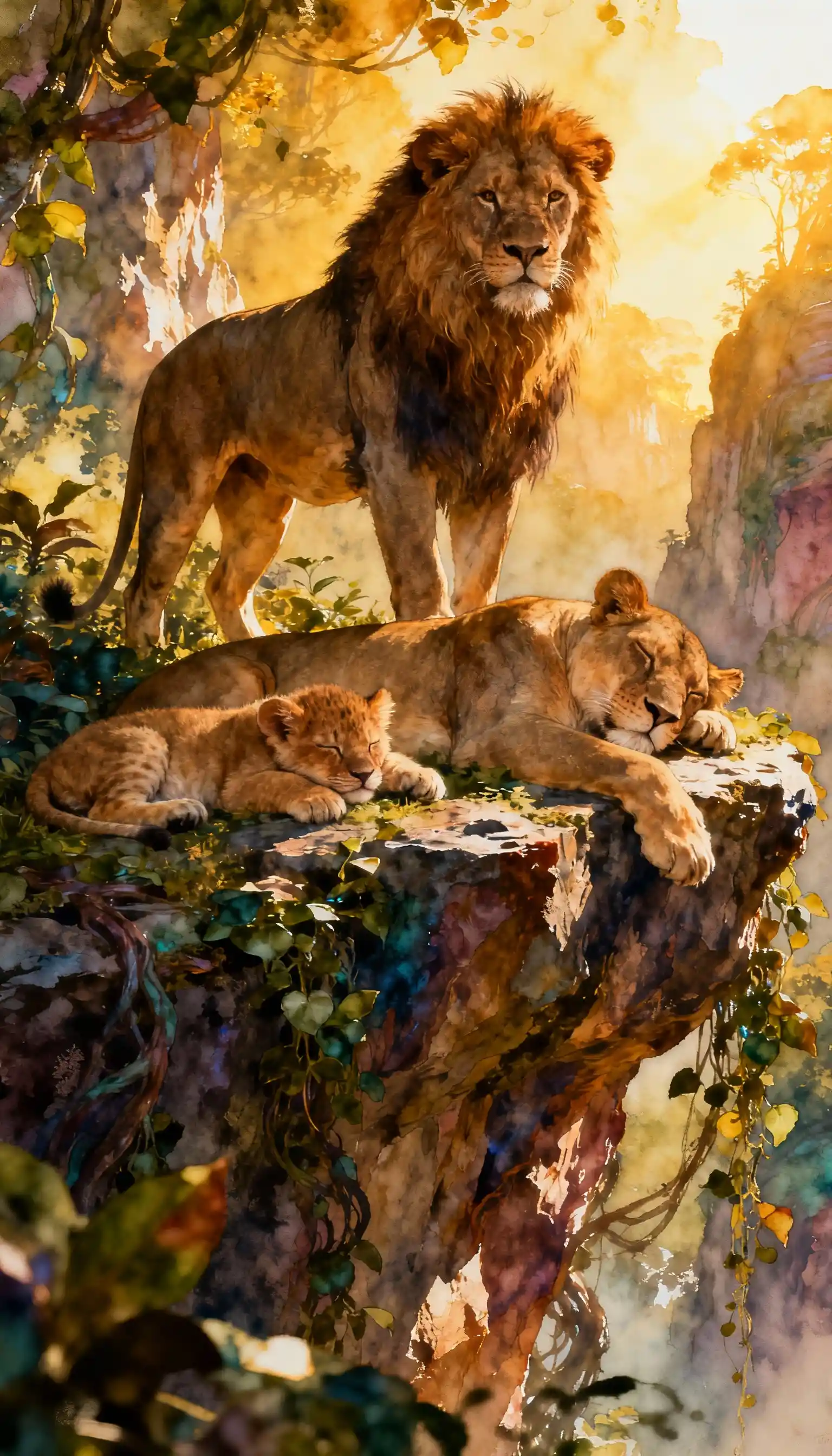 Leone maestoso che protegge la sua famiglia in un paesaggio fantastico