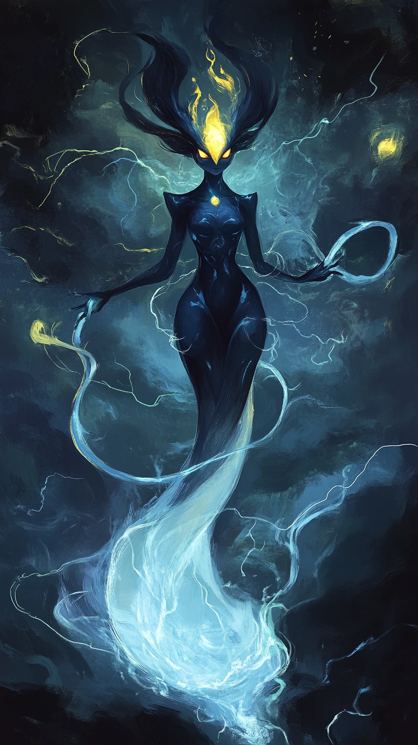 Creatura fantasy blu scuro coronata da occhi gialli luminosi