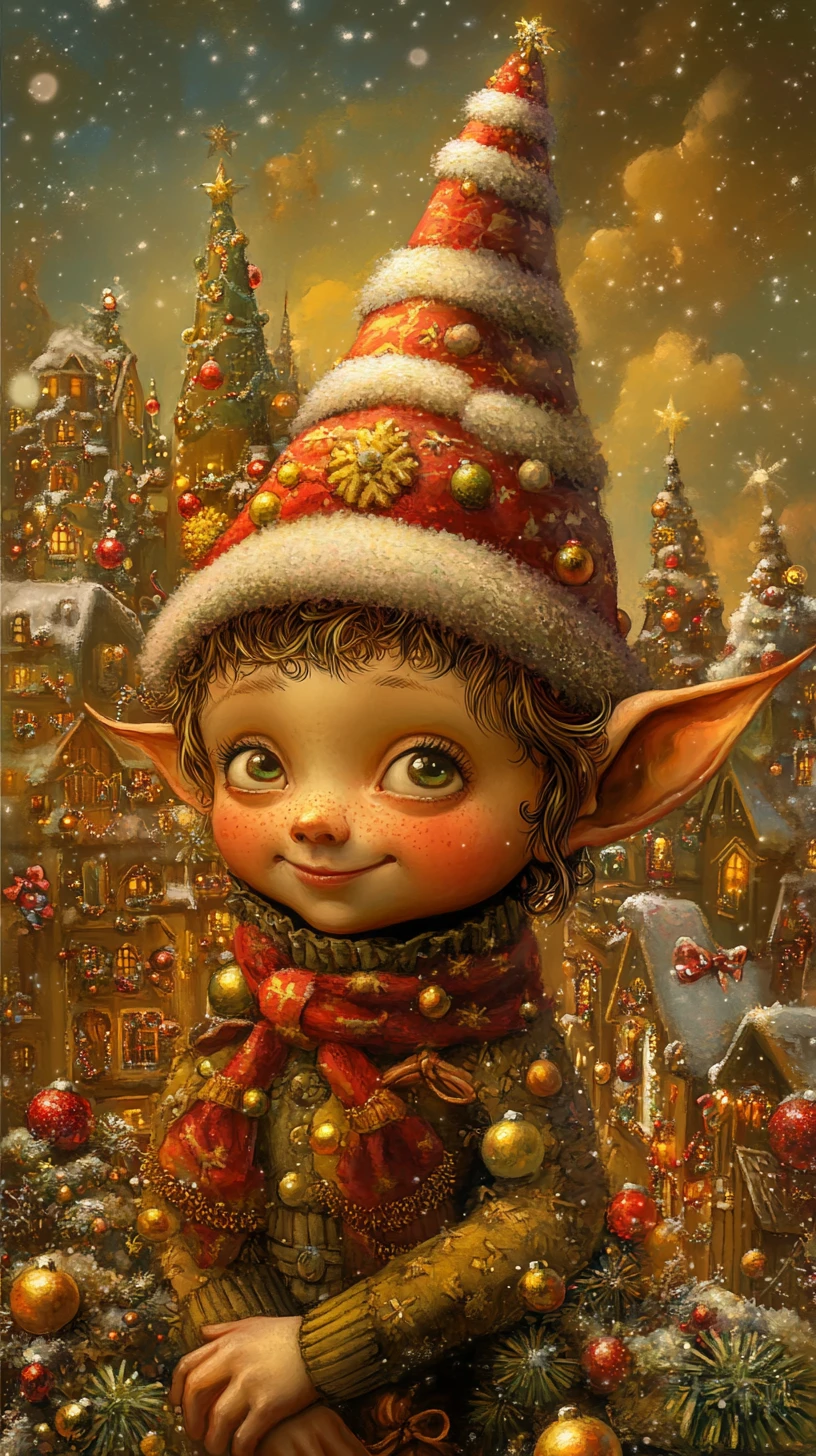 Whimsical Christmas elf portrait in a magical north pole