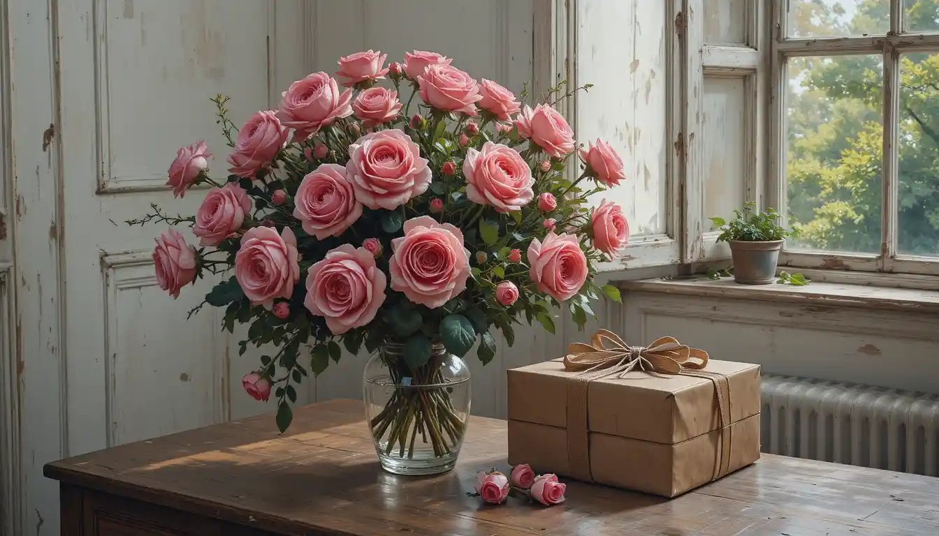 Pink rose bouquet and gift on rustic wooden table