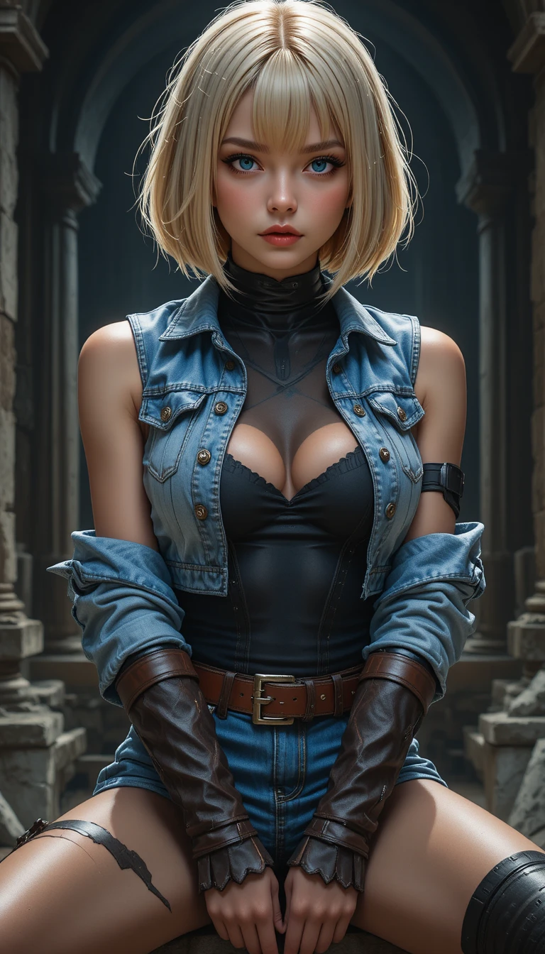 Blonde anime warrior woman in ruins at night