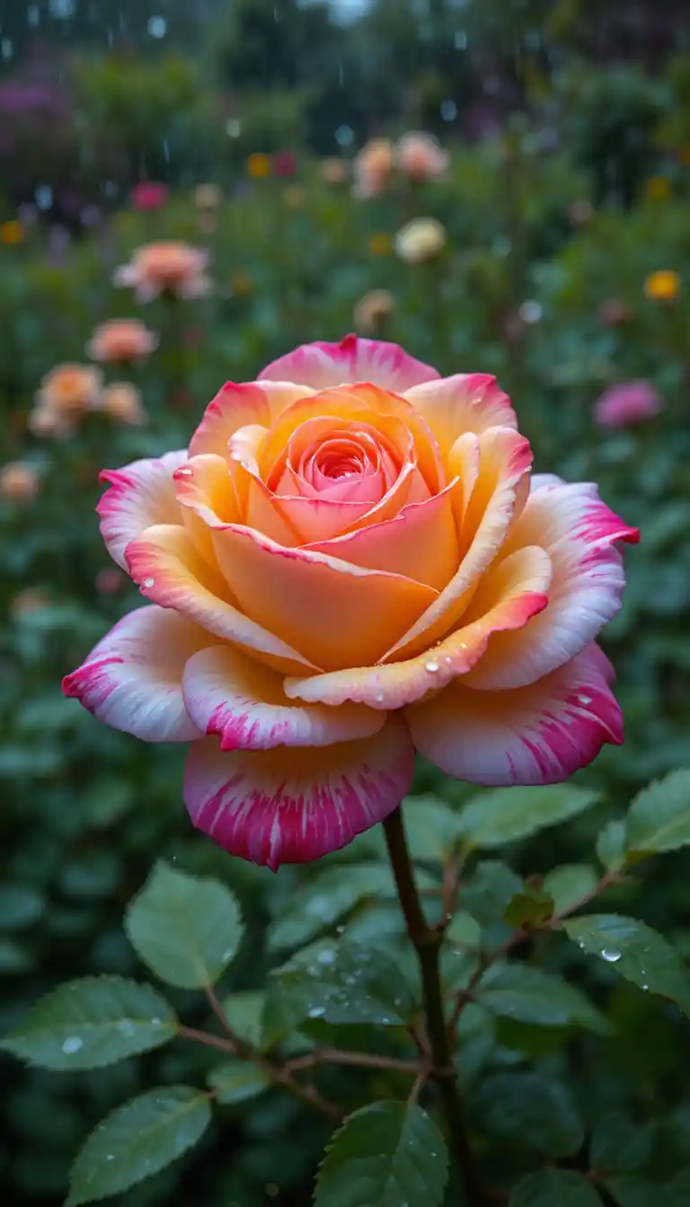 Rainbow rose with raindrops in a lush green garden