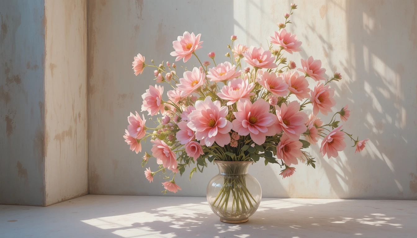Natura morta di fiori rosa pastello in un drammatico dipinto a olio