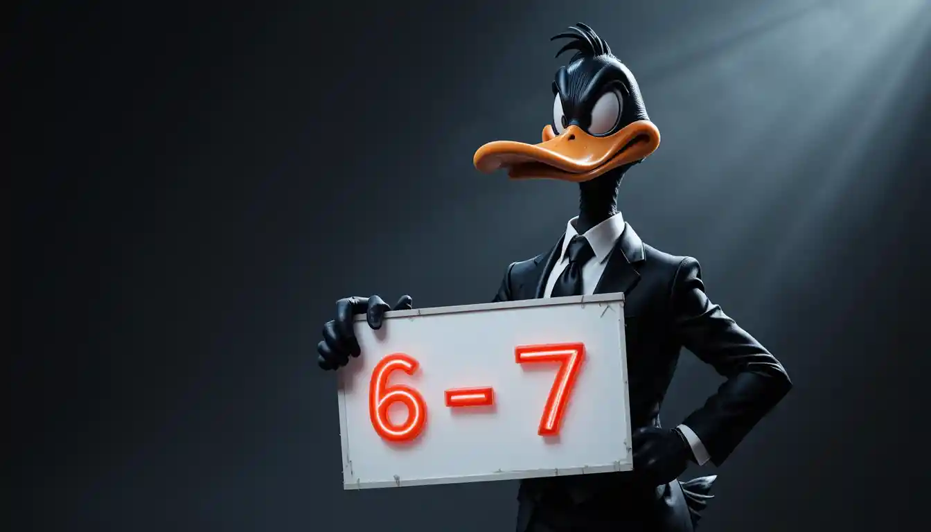 Cartoon duck in black suit holding glowing neon sign
