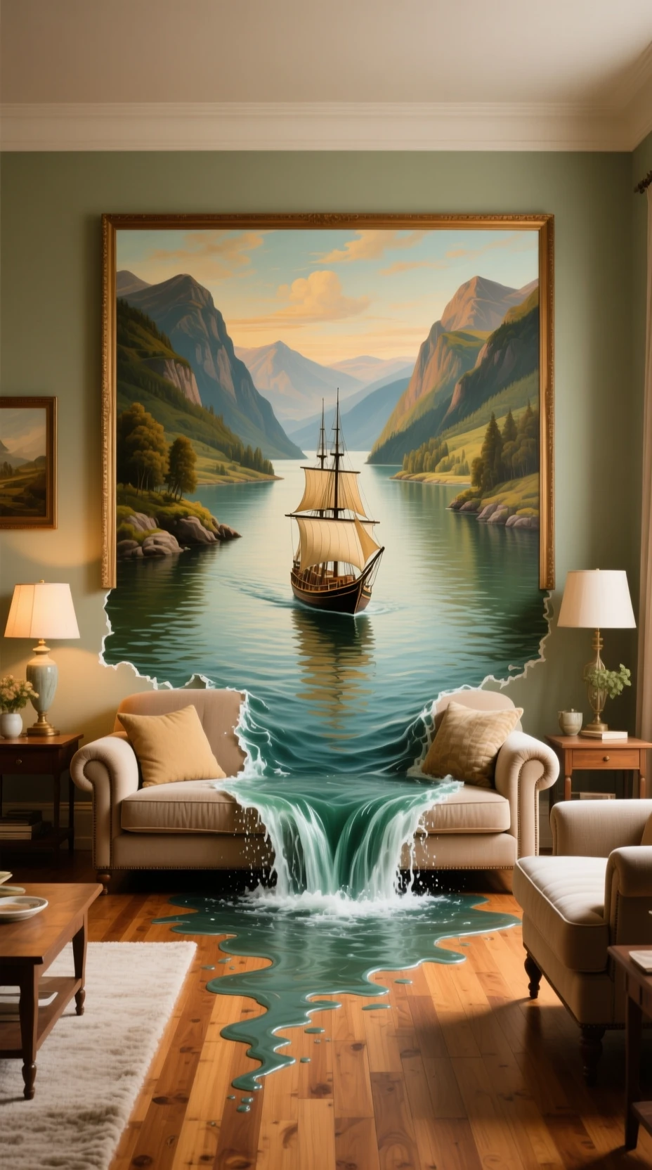 Rio surreal saindo de um quadro e atravessando o sofá da sala