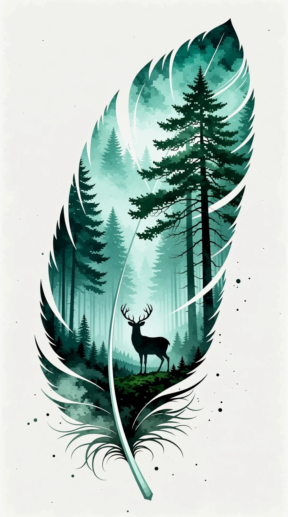 Pena em aquarela com floresta enevoada e silhueta de cervo