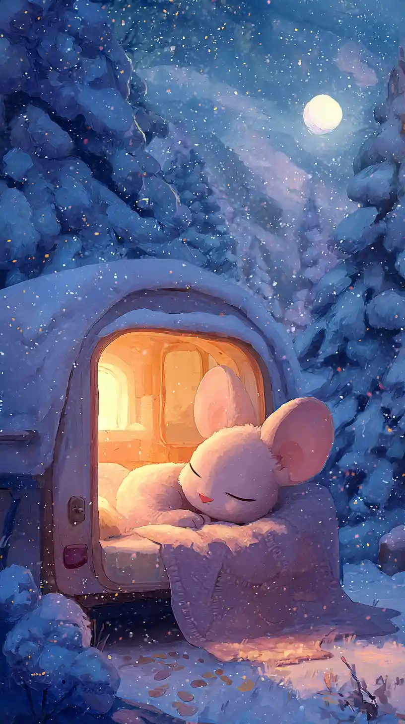 Cute mouse sleeping in a cozy caravan on snowy night