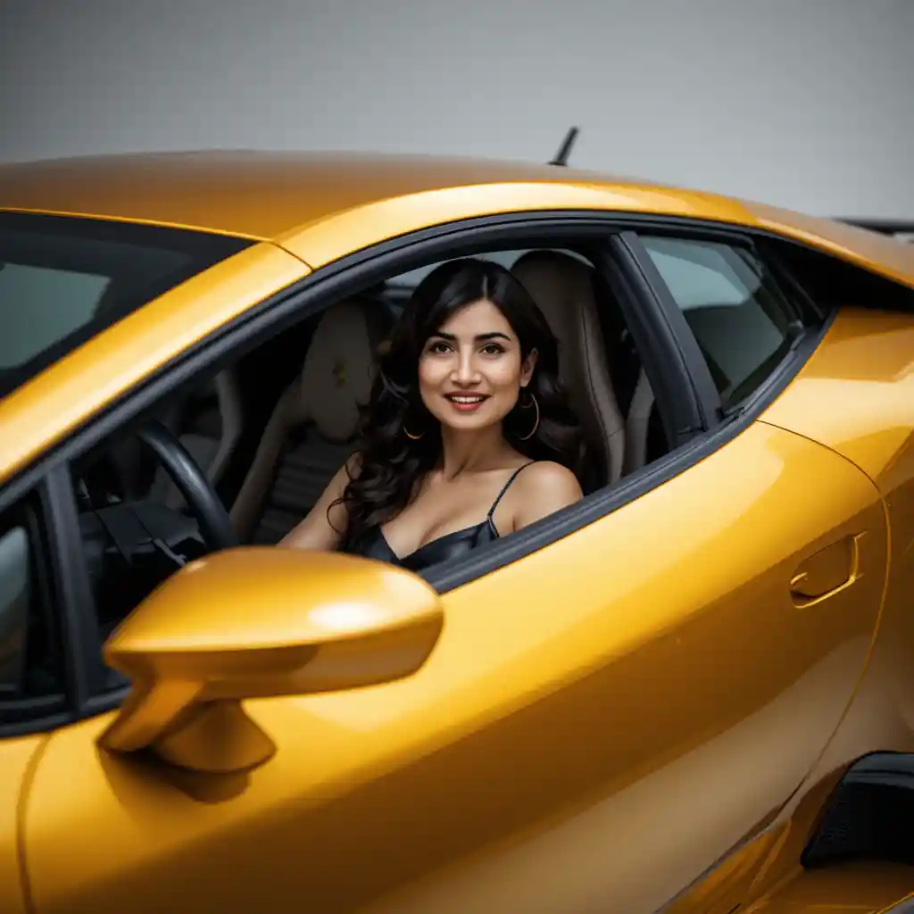 Woman smiling in the driver seat of a golden sports car