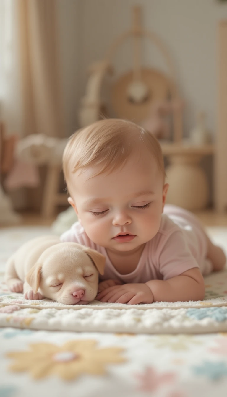Sleeping baby and puppy cuddled on a cozy play mat