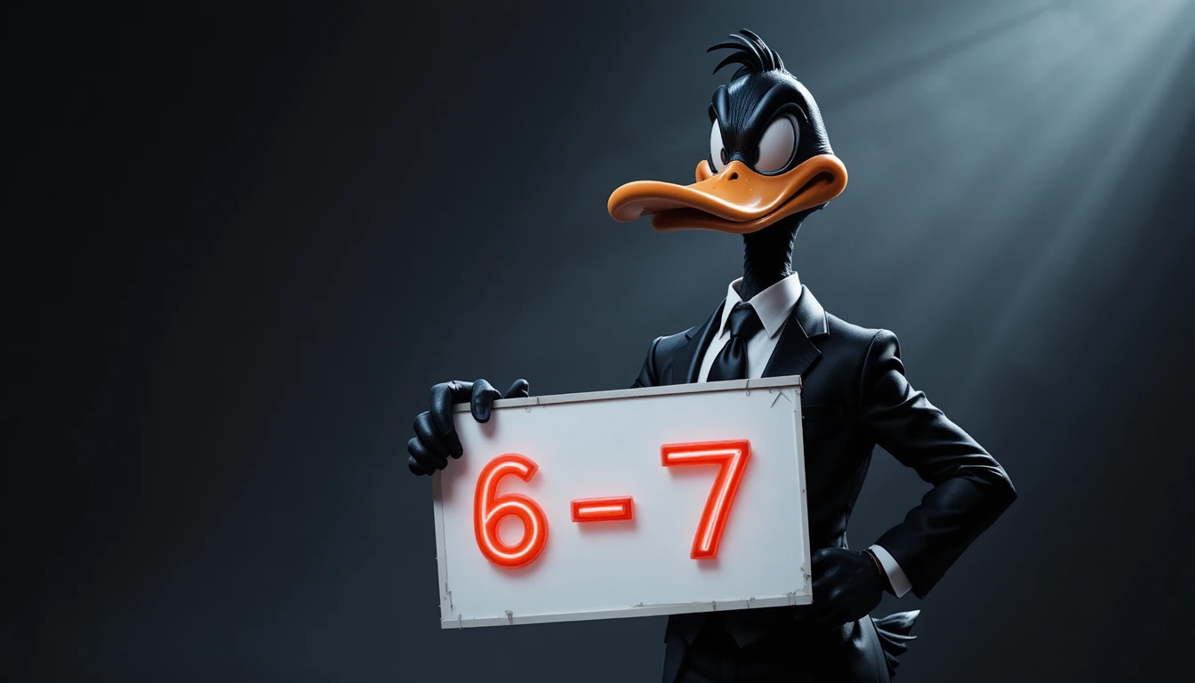 Cartoon-Ente im schwarzen Anzug mit leuchtendem Neonschild