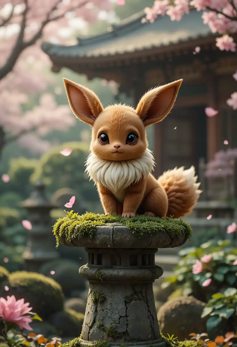 Cute fantasy creature on stone lantern in japanese garden