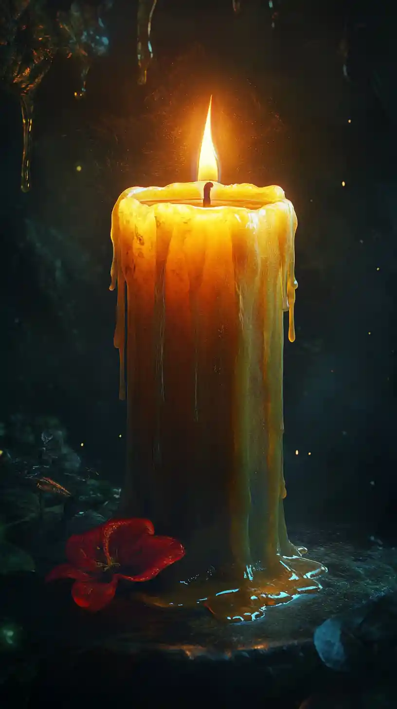 Gothische Kerze mit roter Blume in einer Dark-Fantasy-Szenerie