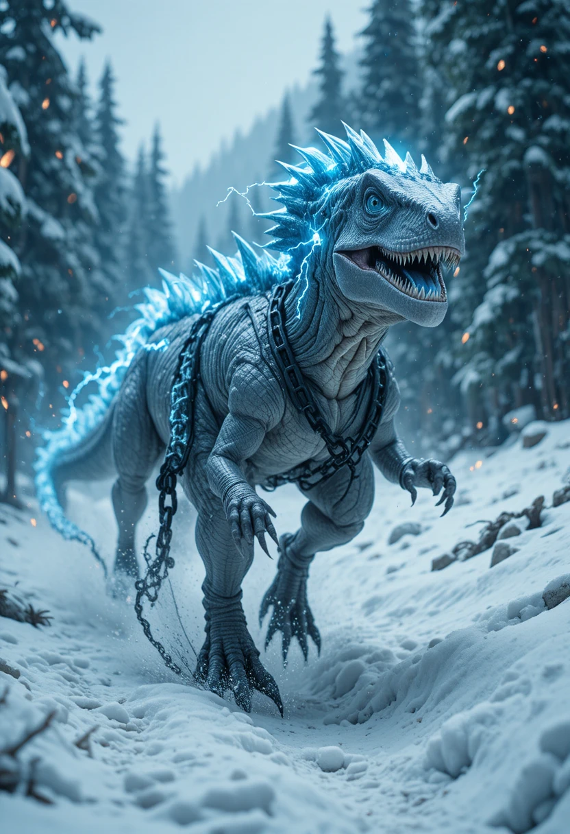Dois raptores acorrentados correndo por uma floresta montanhosa nevada