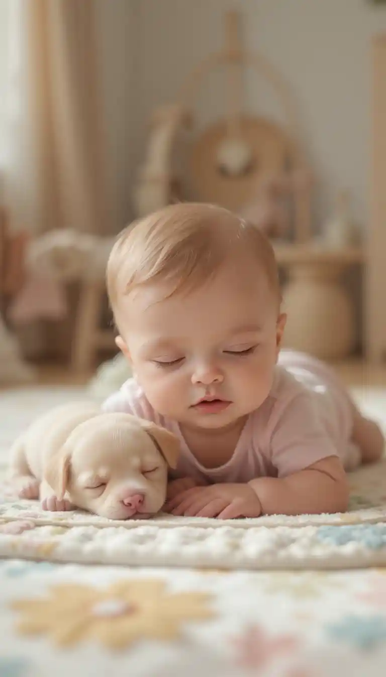 Sleeping baby and puppy cuddled on a cozy play mat