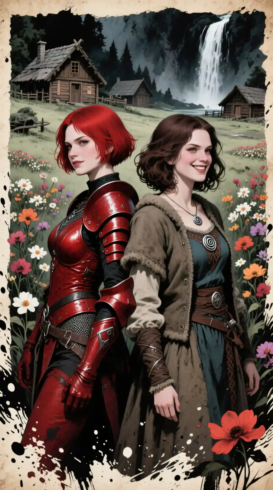 Two warrior women back to back in floral fantasy village