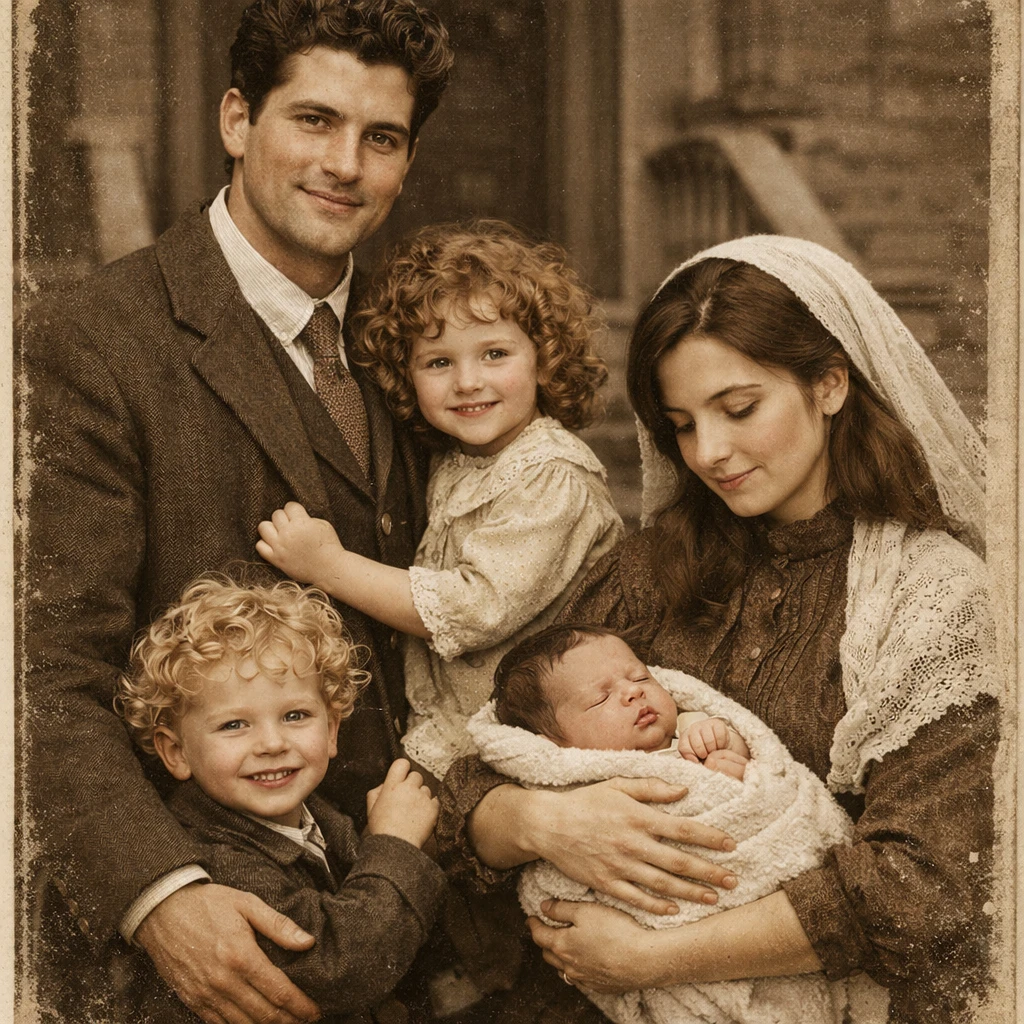 Retrato de família vintage em uma rua da cidade