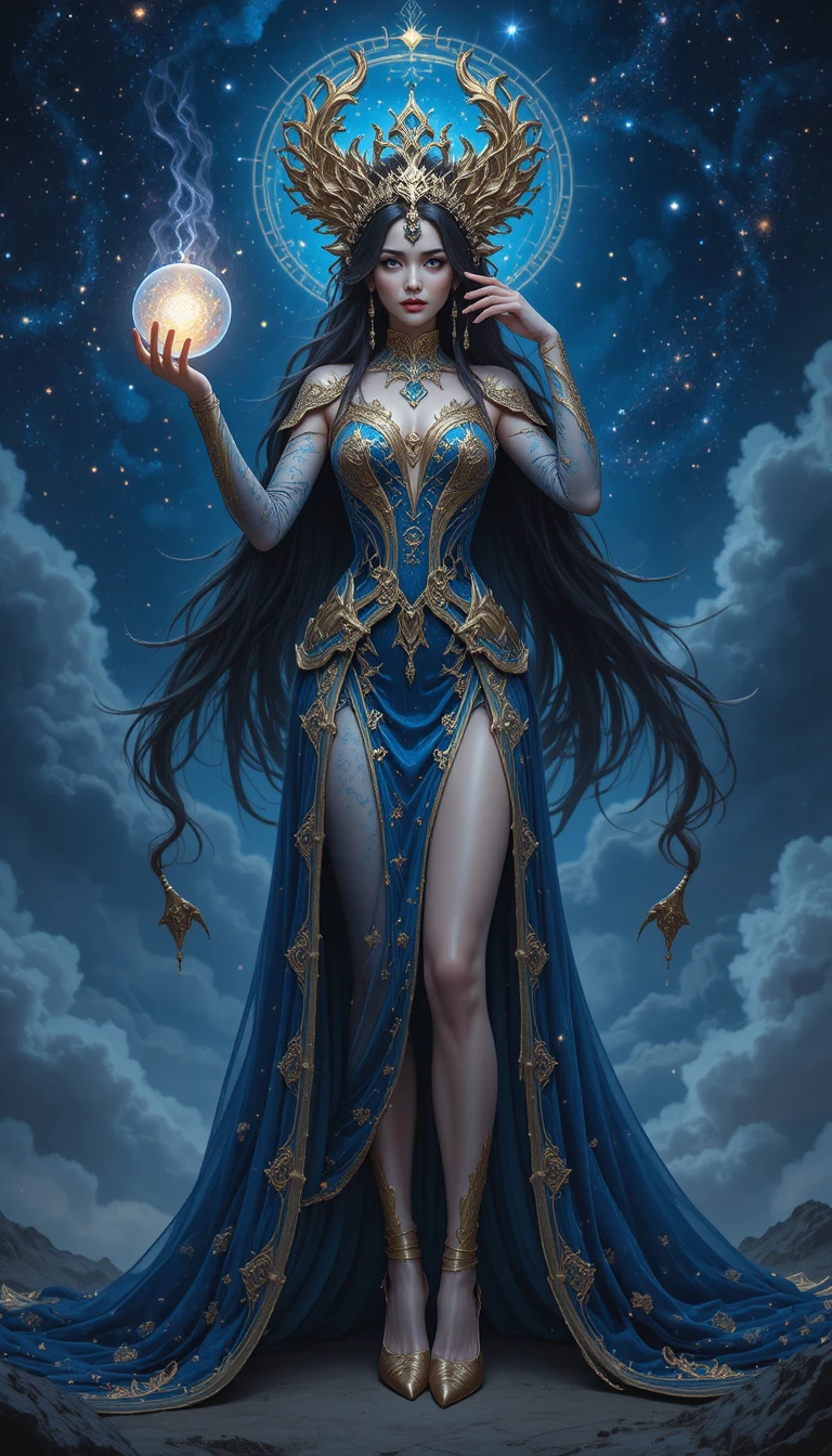 Elegant fantasy woman holding a glowing orb at night