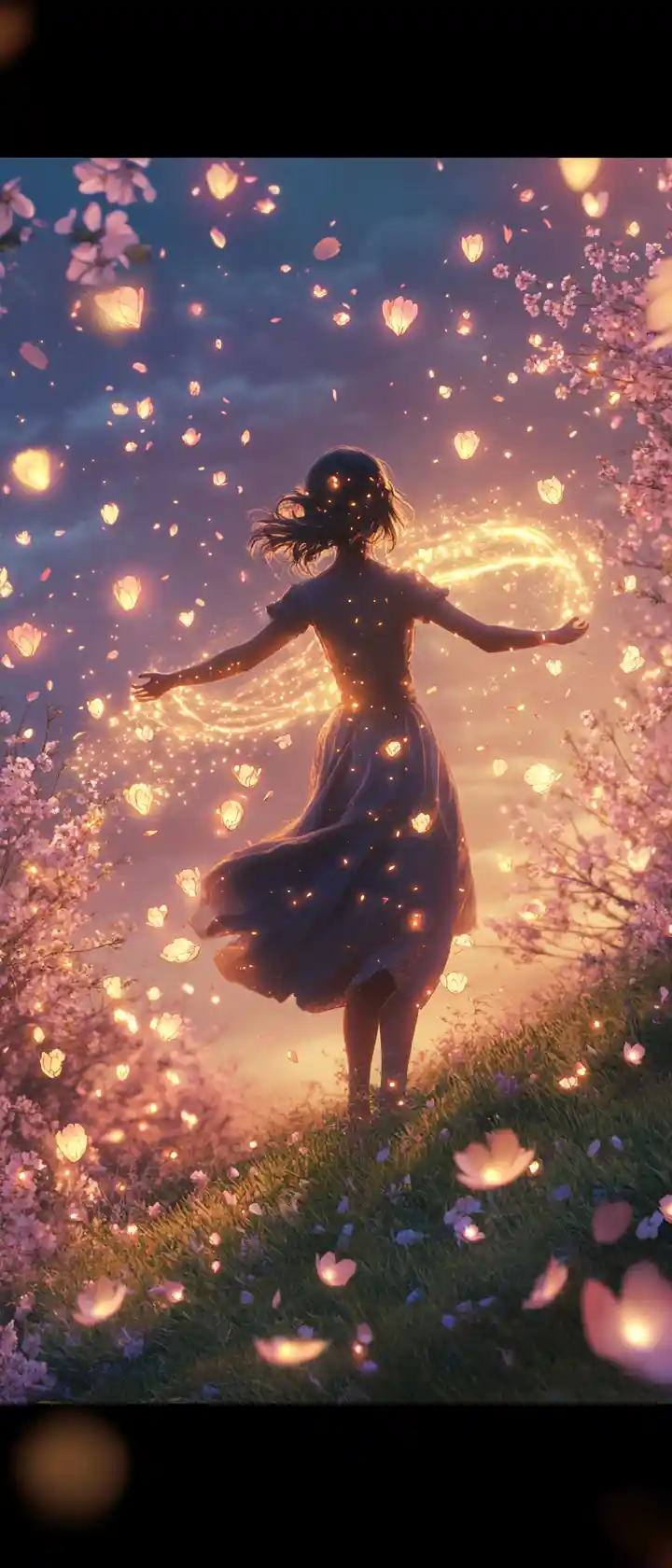 Donna che abbraccia il vento su una collina di ciliegi in fiore illuminata