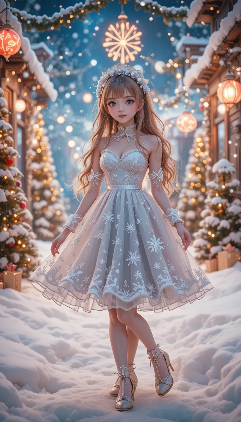 Allegra ragazza anime in una scena nevosa con luci di Natale