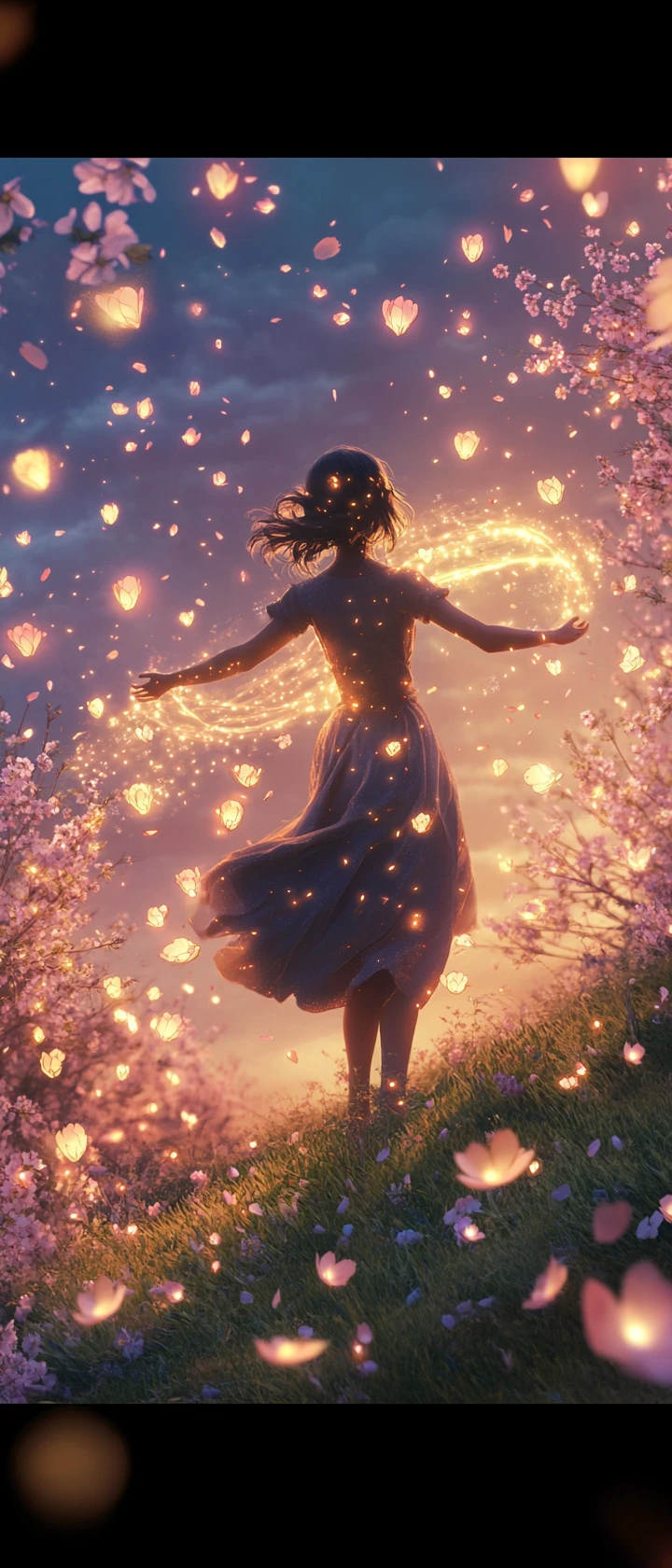 Donna che abbraccia il vento su una collina di ciliegi in fiore illuminata