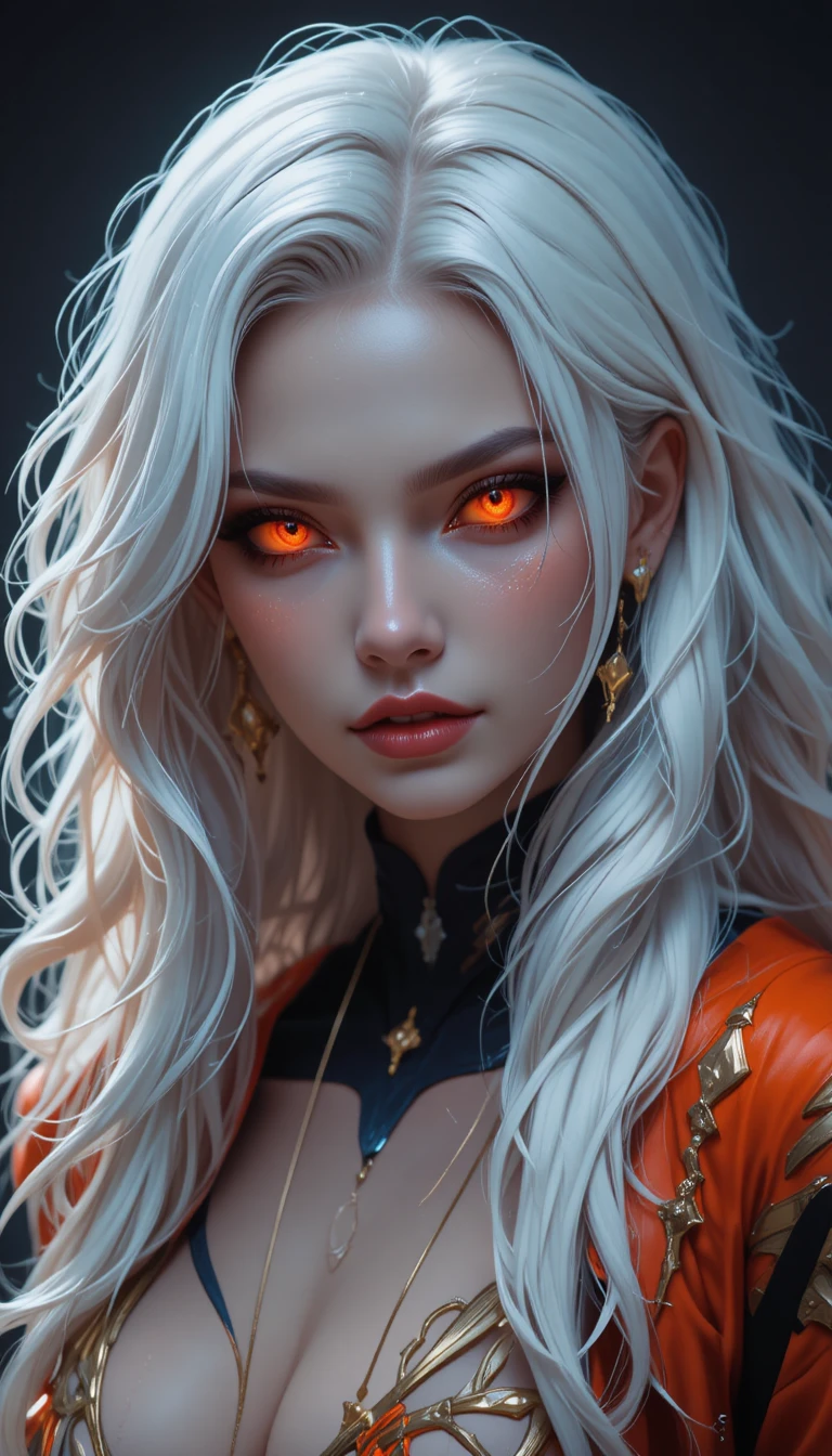 Anime-Frau mit weißen Haaren und leuchtend roten und orangefarbenen Augen