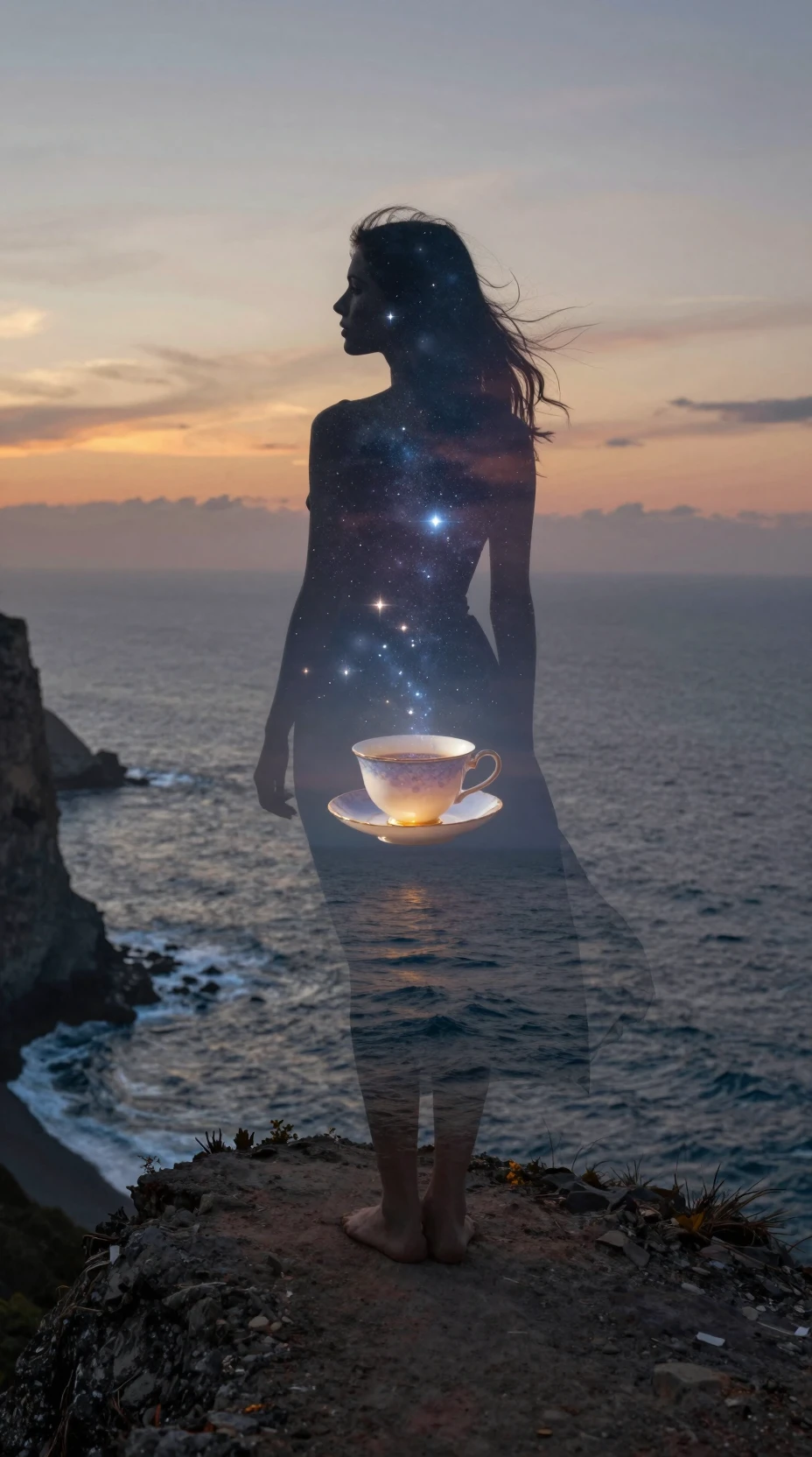 Woman on cliff overlooking a dreamy romantic ocean