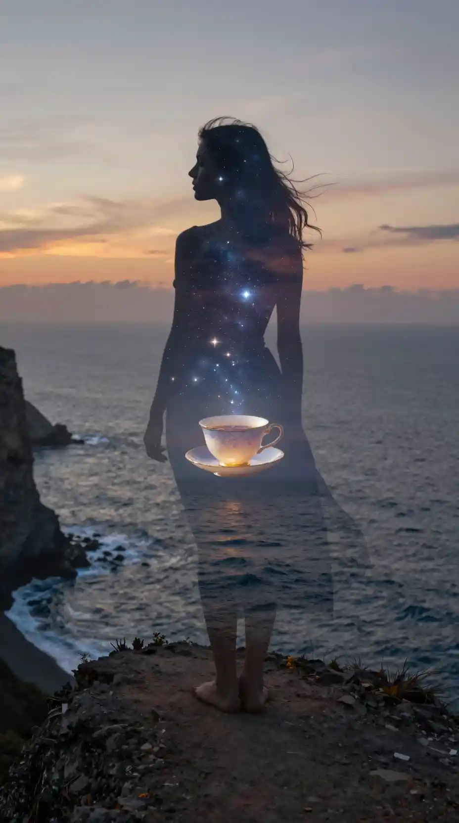 Woman on cliff overlooking a dreamy romantic ocean