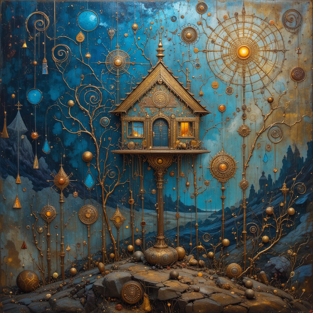 Casa surreal em hastes delicadas em paisagem de geometria sagrada