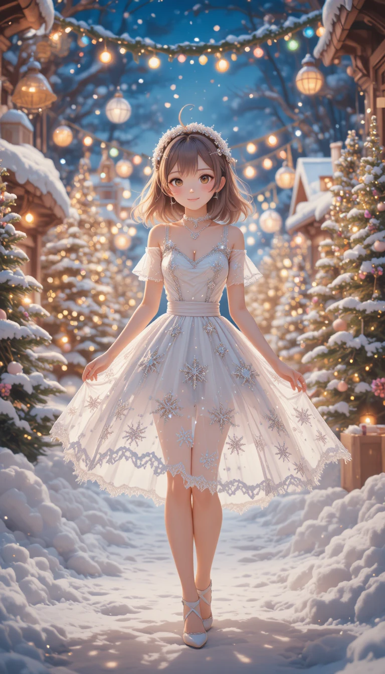 Cheerful anime girl in snow with glowing Christmas lights