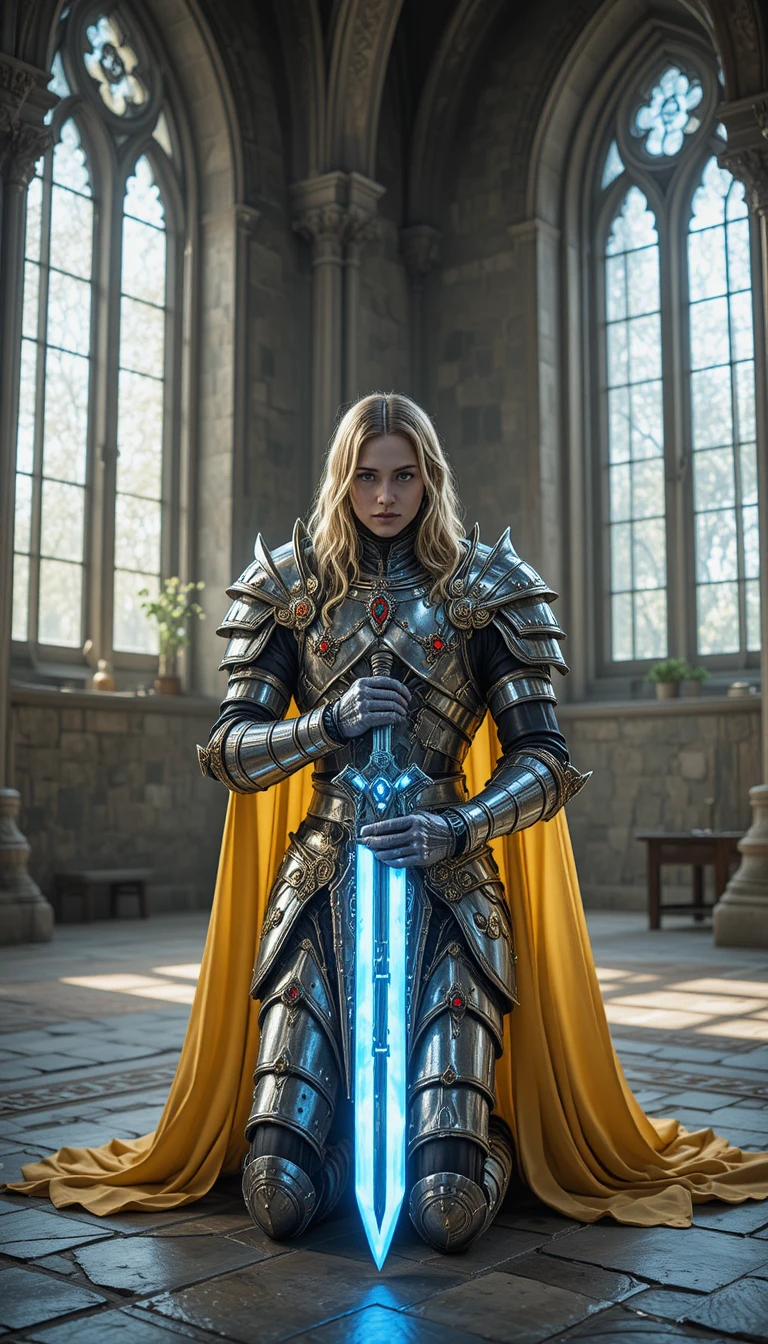 Armored warrior kneeling in a glowing castle hall