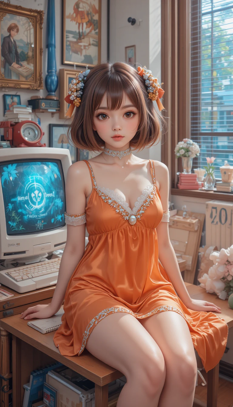 Chica de anime tímida sobre un escáner junto a una computadora vintage