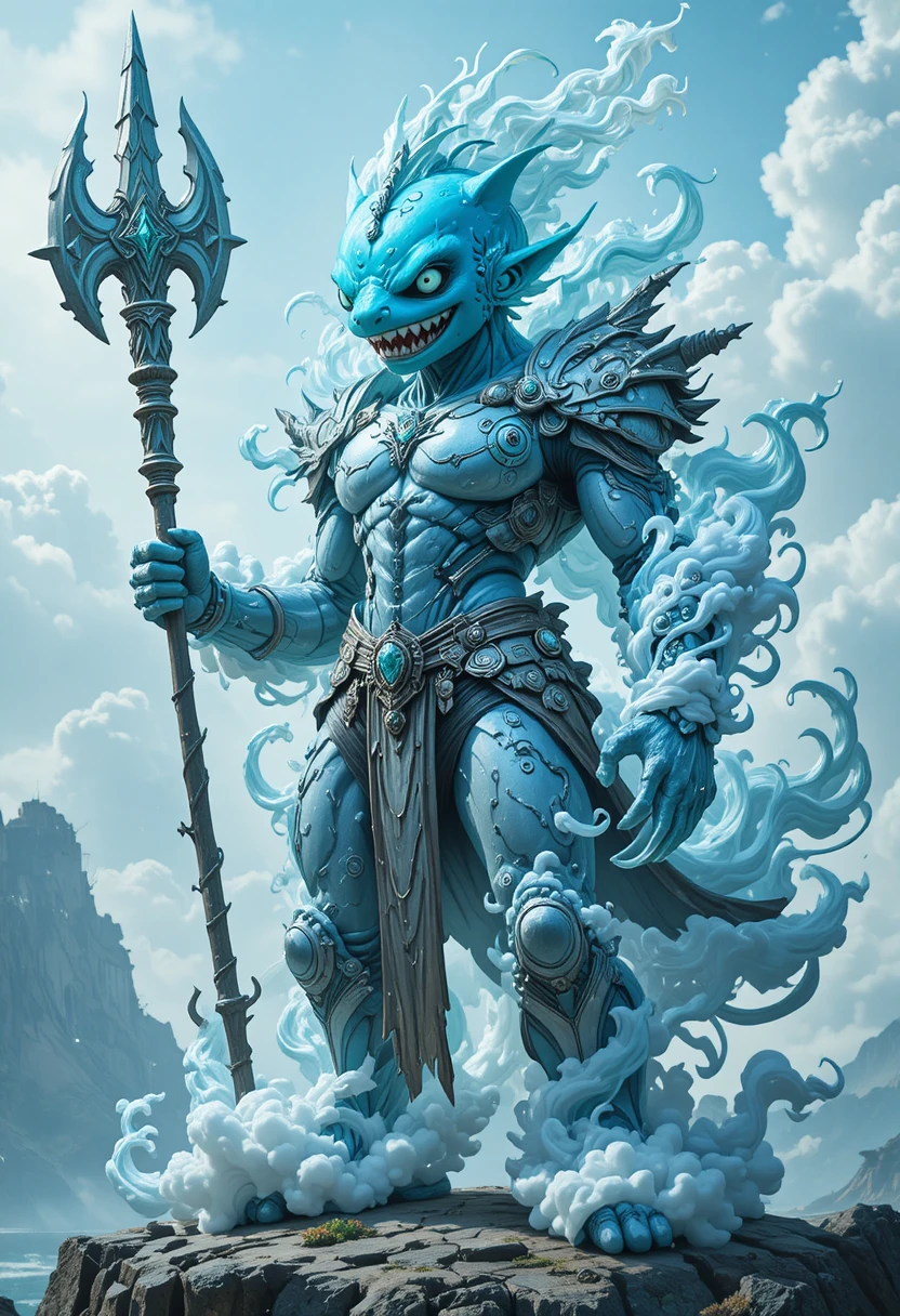 Anime-Haikrieger in Wolkenrüstung auf einer Fantasy-Insel