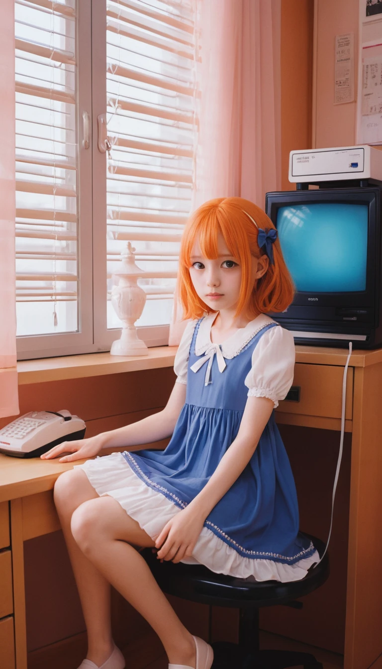 Chica de anime tímida sentada en un escáner junto a una computadora vintage