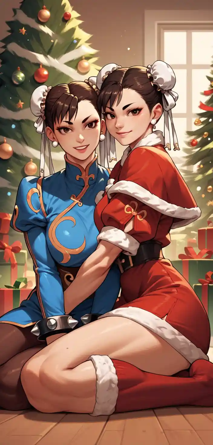 Anime woman in Christmas outfit beside festive tree