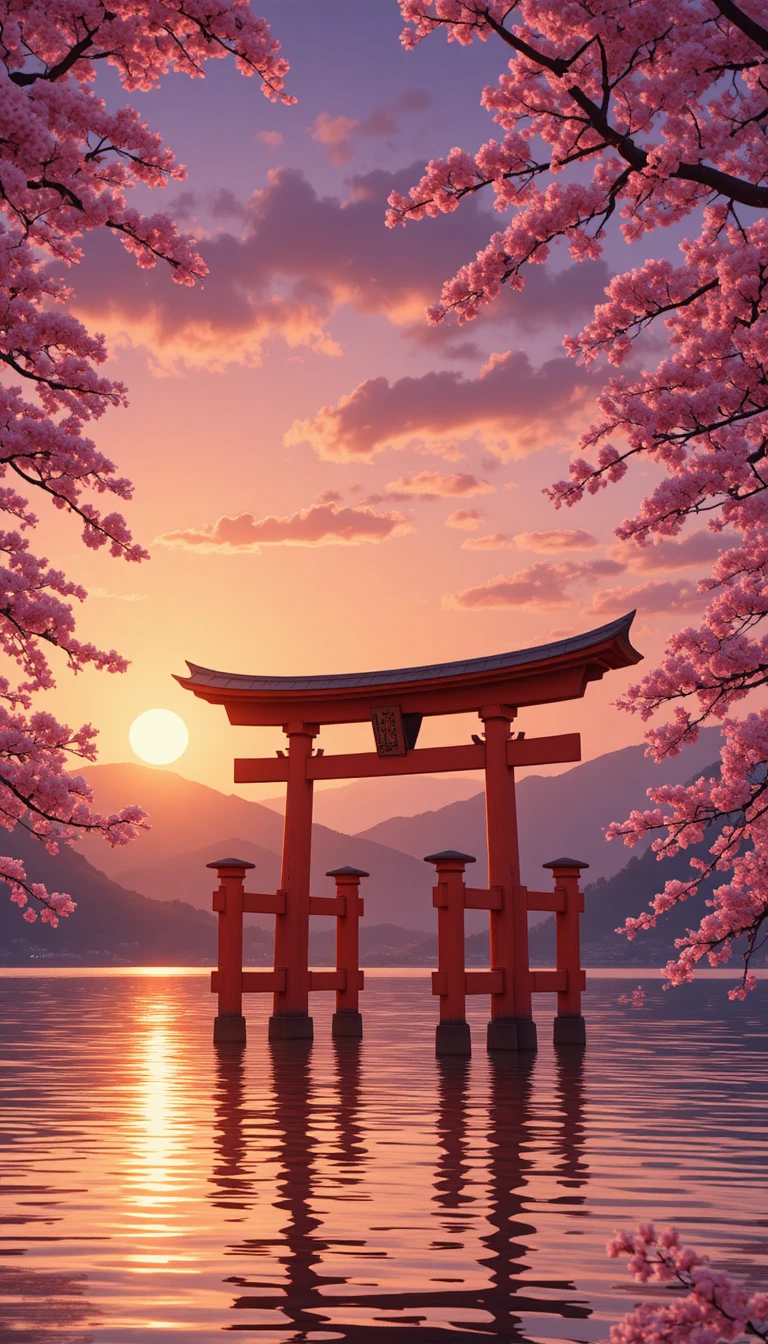 夕焼けの鳥居と静かな水面、桜の花
