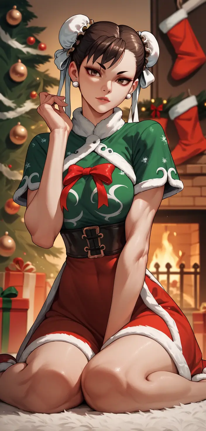 Woman in festive outfit beside a glowing Christmas tree