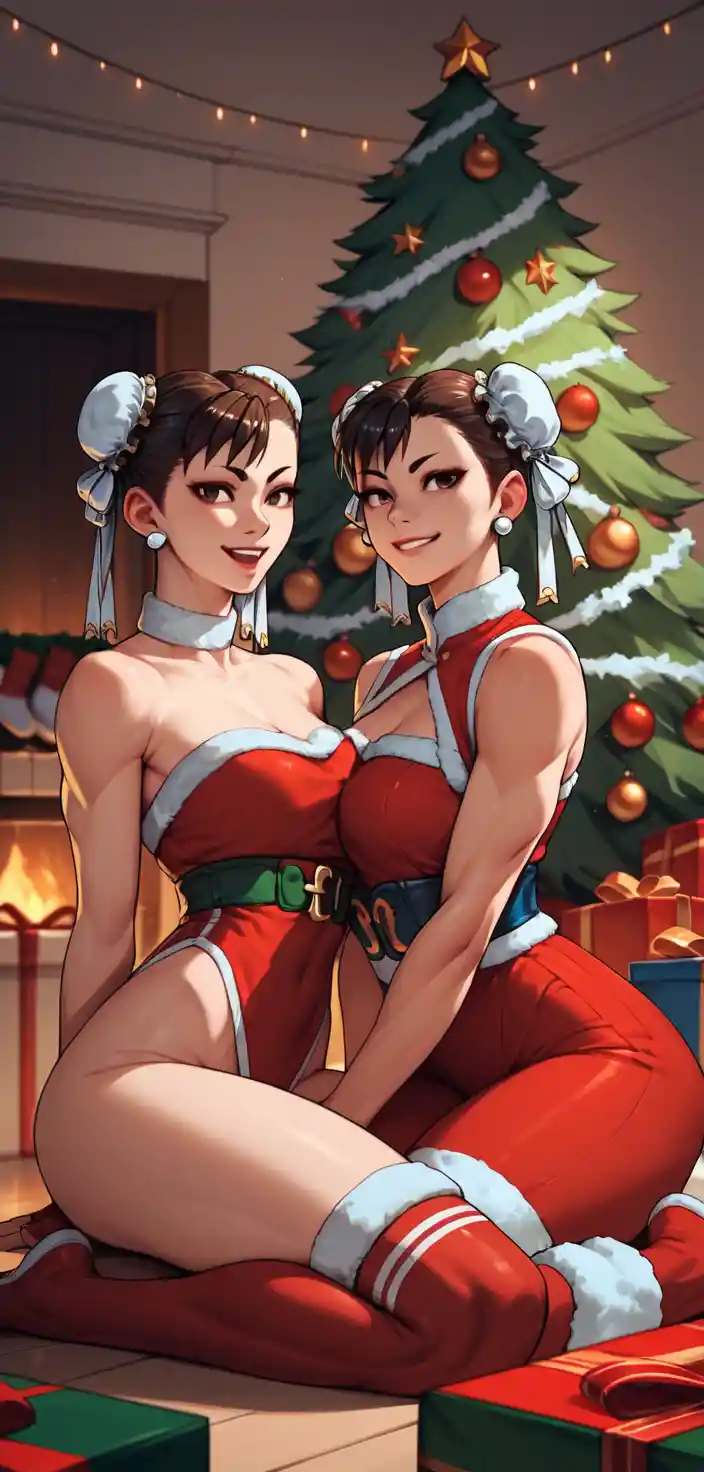 Femme anime en tenue de Noël près d’un sapin festif