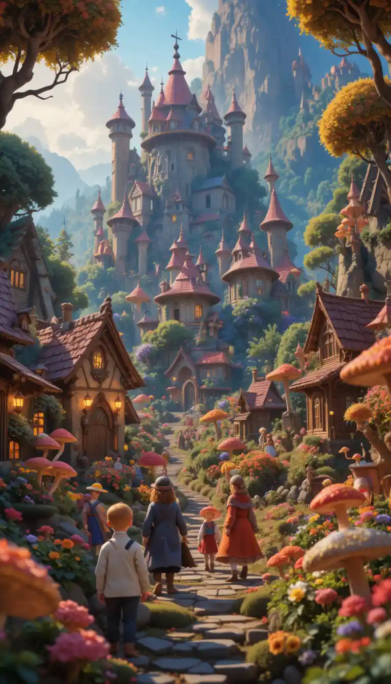 Joyful fantasy peasants in a vibrant pixar style village