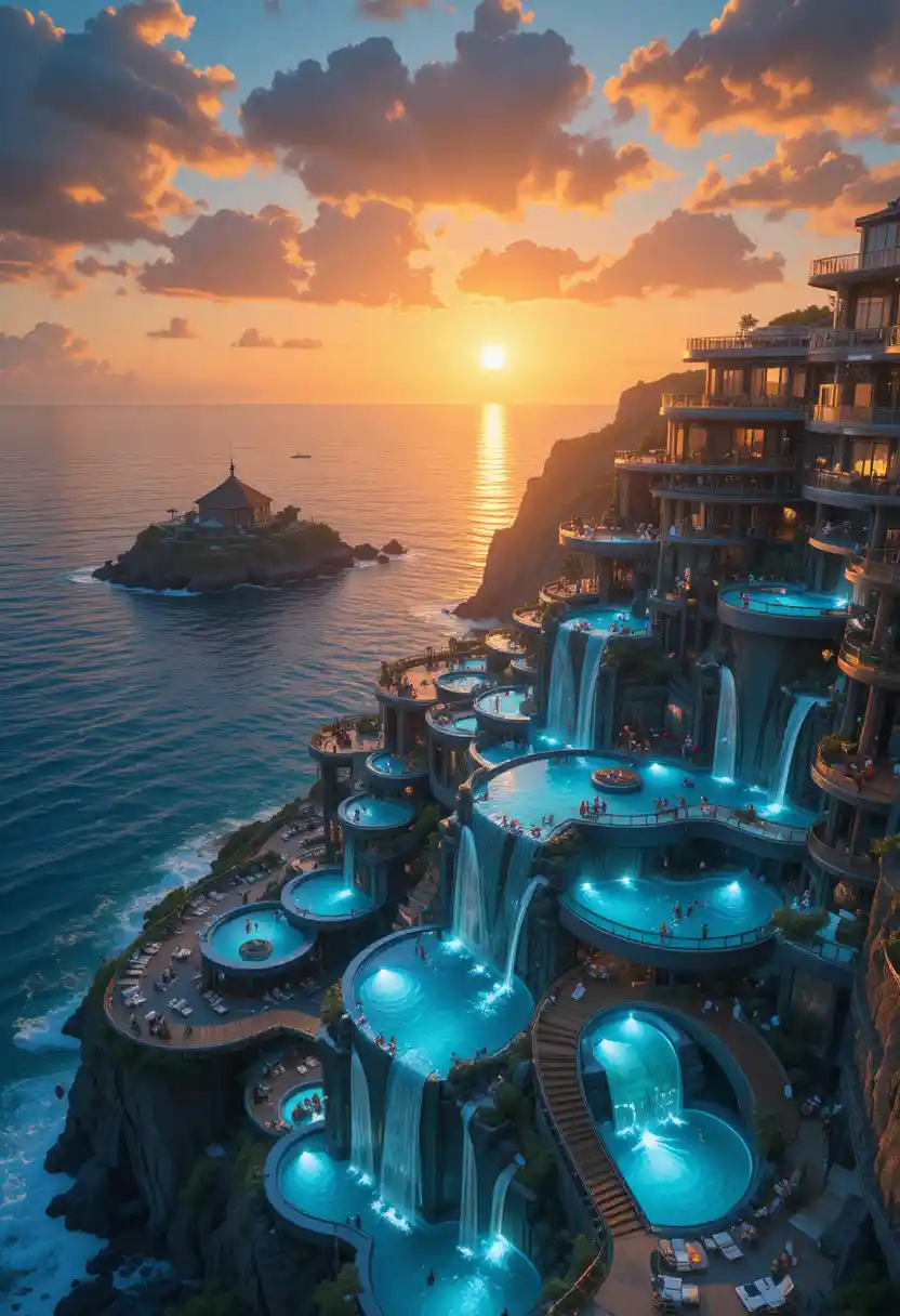 Futuristic cliffside resort with tiered pools at sunset