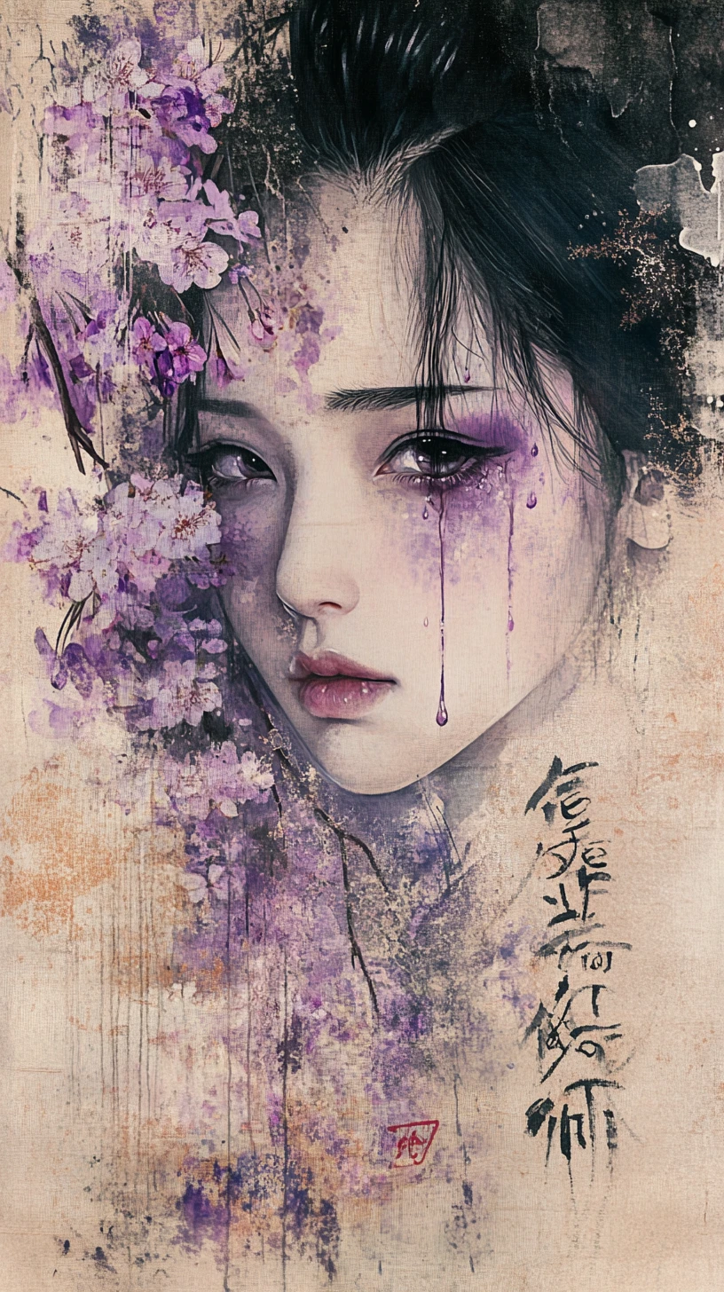 Geisha-Porträt, verschleiert von Kirschblüten und Kalligraphie