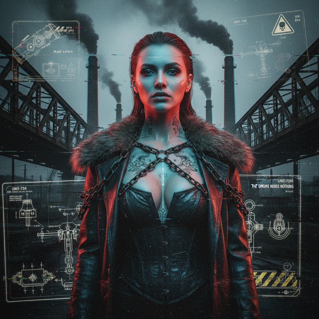 Glitch noir portrait of a neon lit industrial femme fatale