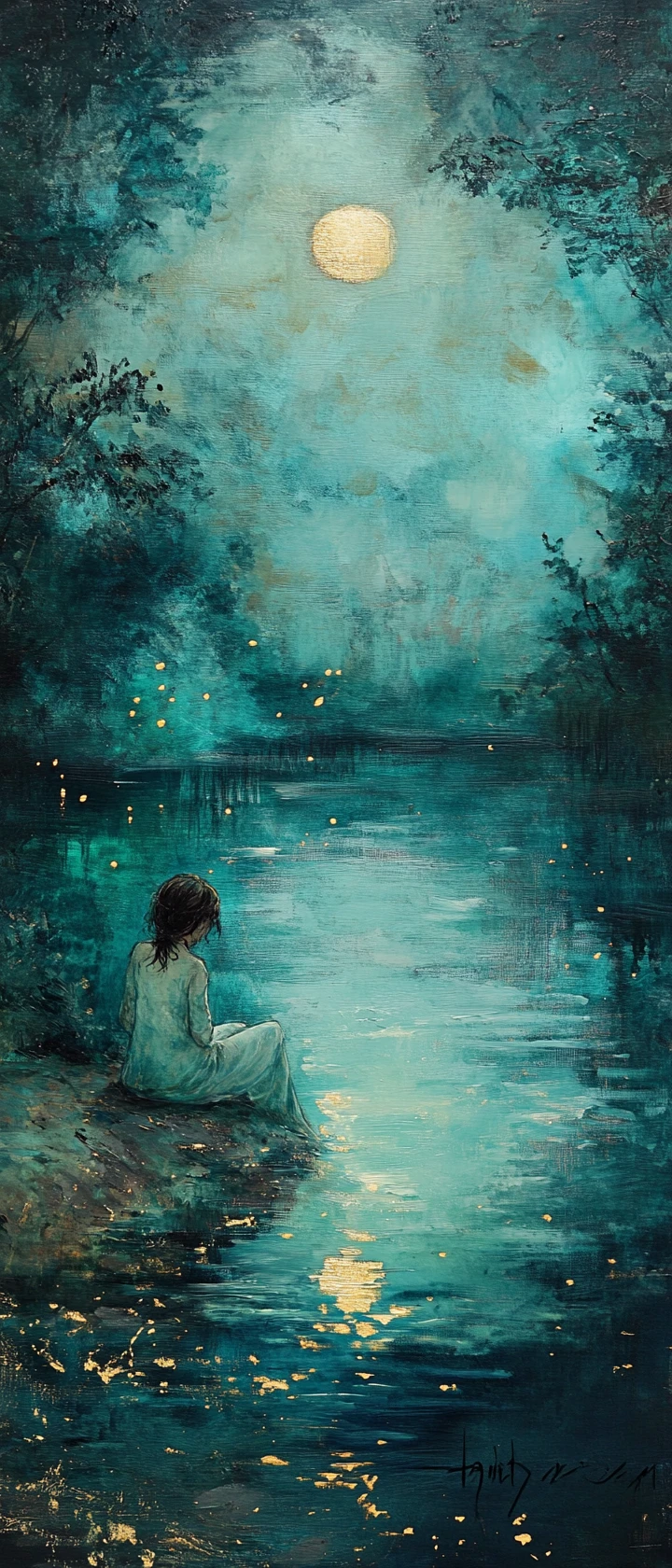 Ragazza pensierosa accanto a un fiume luminoso in un mistico dipinto a olio