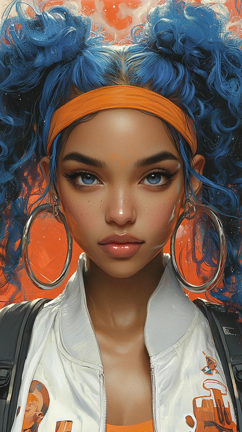 Young woman with blue curls in a futuristic landscape
