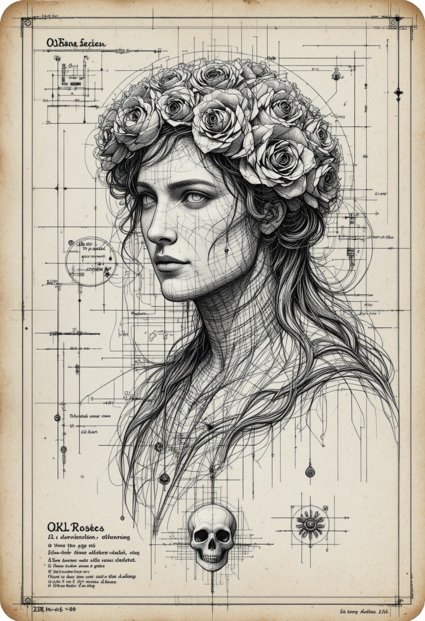 Portrait technique style plan bleu sur papier d’ingénierie vieilli