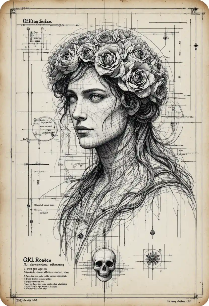 Retrato técnico em estilo blueprint em papel de engenharia envelhecido